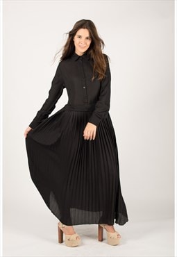 Plain black color chiffon full length pleated maxi dress