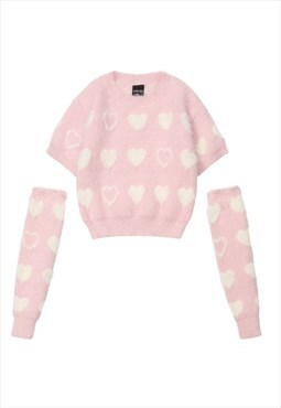 Detached sleeves jumper heart print cropped sweater in pink