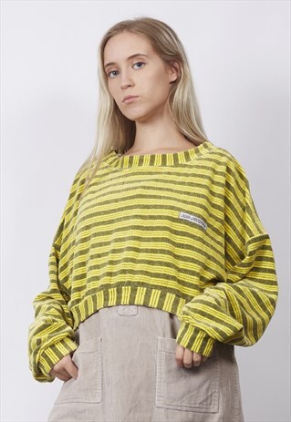 VINTAGE 80'S CROP YELLOW STRIPE VELOUR SWEATER