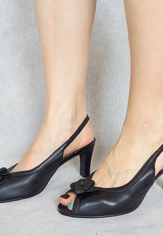 VINTAGE BLACK LEATHER SLINGBACK PUMPS, LOTUS PLUS LEATHER LI