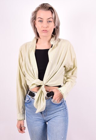 BENETTON WOMENS VINTAGE SHIRT MEDIUM GREEN STRIPES 90'S