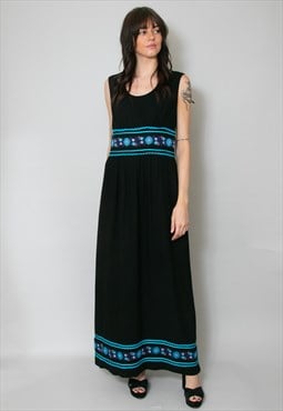 Jobi Vintage Black Sleeveless Blue Embroidery Maxi Dress