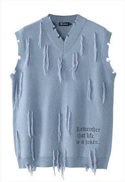 Distressed sleeveless Cardigan shredded gilet sweater blue
