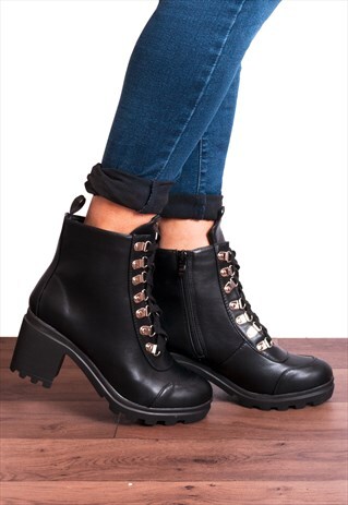 GOLD EYELET HIKING CHUNKY BUCKLE BLOCK HEELED ANKLE BOOTS
