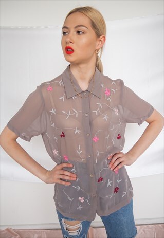VINTAGE GREY SEMI SHEER FLORAL BUTTON UP BLOUSE
