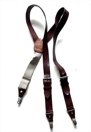 Brown Leather Elasticity 3 Clips Suspenders Garters Bracess 
