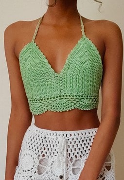 Elvinia Grass Green Crochet partywear tie back crop top 