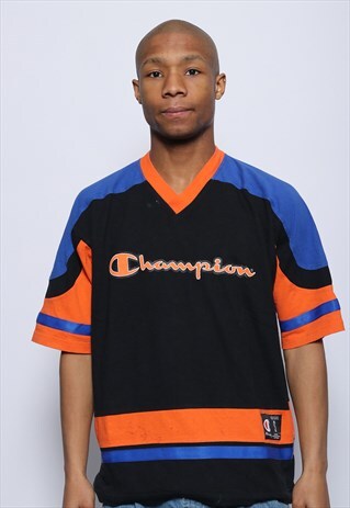 VINTAGE CHAMPION BIG SPELL OUT LOGO T-SHIRT BLACK ORANGE