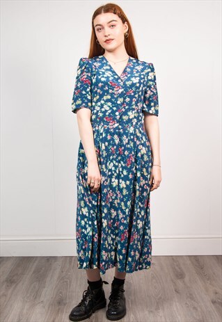 VINTAGE 90'S BLUE FLORAL PATTERN SHORT SLEEVE MIDI DRESS