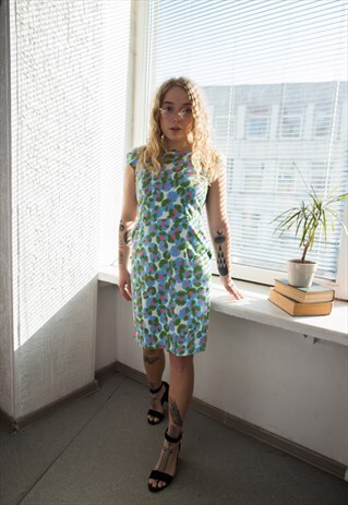 VINTAGE 70'S BLUE/GREEN PATTERNED MINI BOHEMIAN DRESS