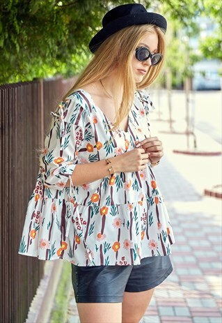 FLORAL PRINT SMOCK BLOUSE