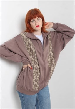Vintage 80s Full Zip Oversize Sweatshirt Patterned Brown