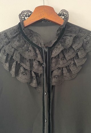 VINTAGE 80S BLACK SHEER LACE RUFFLE BLOUSE