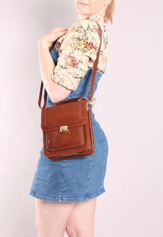 VINTAGE 80S TAN SHINY LEATHER SATCHEL BAG