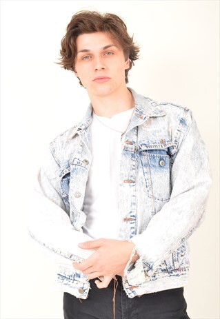 VINTAGE 90'S STONE WASH DENIM GRUNGE JACKET WHITE BLUE