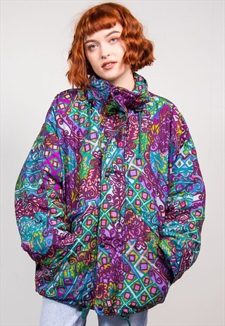 VINTAGE 90'S BRIGHT CRAZY FUNKY PATTERN PADDED SKI COAT