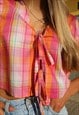 TIE FRONT BLOUSE IN PINK CHECK