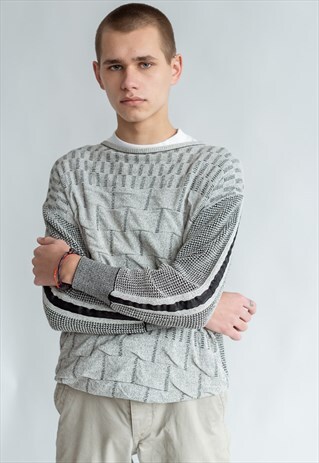 VINTAGE 80S CASUAL GRANDADS JUMPER IN CONTRAST KNIT