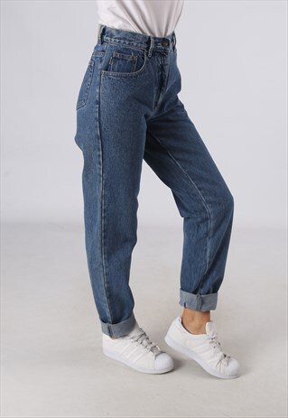 VINTAGE HIGH WAISTED DENIM JEANS TAPERED LEG UK 10 (JE1O)