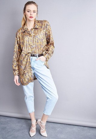 80'S RETRO MOD STRIPED & FLORAL PRINT SHEER SHIMMER SHIRT