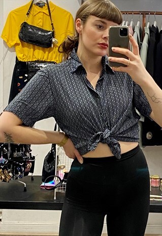 VINTAGE SHIRT SHORT SLEEVE IN DARK BLUE W GEOMETRIC PATTERN