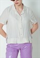 VINTAGE 70S BUTTON UP SILKY CREAM BLOUSE IN SHORT SLEEVE S