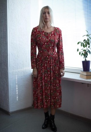 VINTAGE 90'S RED PATTERNED LONG SLEEVED DRESS