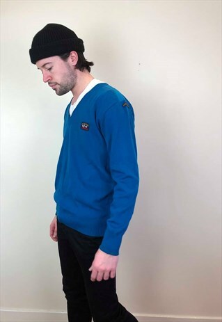 VINTAGE 90S PAUL & SHARK V NECK JUMPER BLUE L