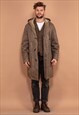 Vintage 80's Men Hooded Sheepskin Coat in Greyish Brown