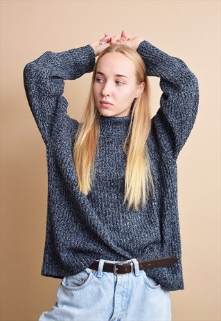 90'S RETRO GRUNGE TURTLENECK MONOCHROME KNIT JUMPER TOP