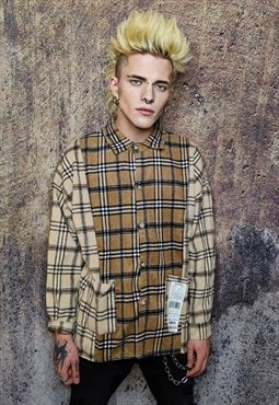 Plaid woollen shirt asymmetric hem check retro top in brown