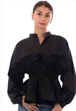 Ruffle design around chest and hem cotton shirt in black