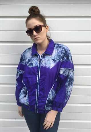 WOMENS VINTAGE 80S PURPLE PATTERNED SHELL SUIT JACKET TOP