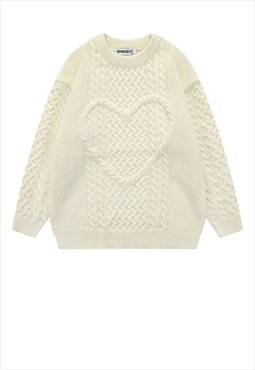 Heart sweater knitted luxury top cable love jumper in cream