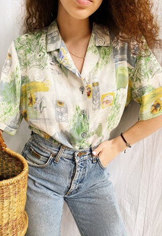 VINTAGE 80S ABSTRACT BOTANICA PRINT HAUTE BOHEME BLOUSE TOP