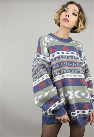 VINTAGE 80S 90S OVERSIZED PATTERNED KNIT JUMPER