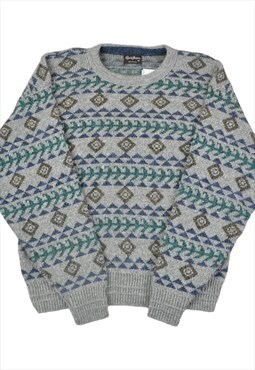 Vintage Knitted Jumper Retro Pattern Grey XL