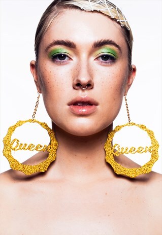 GOLD HOLOGRAPHIC GLITTER XL QUEEN BAMBOO HOOP EARRINGS