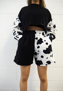 Black Cow Print Patchwork Shorts