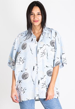 VINTAGE 80S CRAZY PATTERN FESTIVAL SHORT SLEEVE SHIRT /S2056