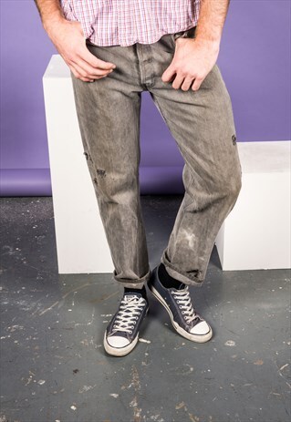 VINTAGE LEVI'S 501 JEANS IN GREY WITH RIPS AND PAINT MARKS