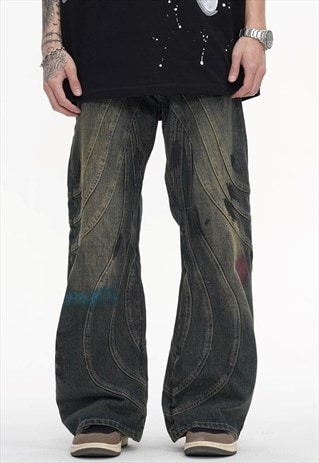 Paint splatter jeans distressed extreme stitch denim pants