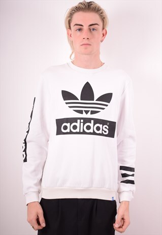 ADIDAS MENS VINTAGE SWEATSHIRT JUMPER SMALL WHITE 90S