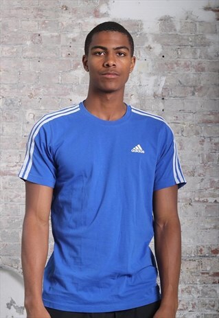 VINTAGE ADIDAS LOGO THREE STRIPE T-SHIRT BLUE