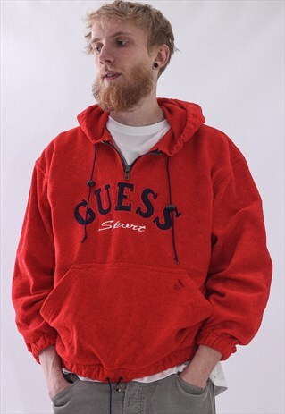 VINTAGE MENS GUESS BIG LOGO FLEECE HOODIE
