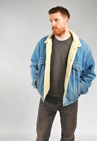VINTAGE MID BLUE FADED LINED DENIM SHERPA JACKET