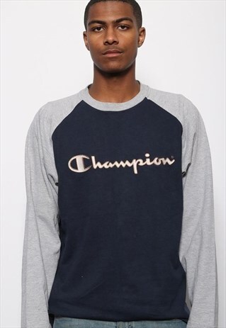 VINTAGE CHAMPION BIG LOGO SPELLOUT LONG SLEEVE T-SHIRT NAVY