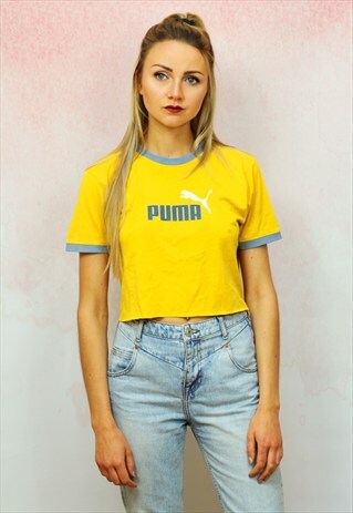 1990S VINTAGE REWORKED YELLOW AND GREY RAW HEM CROP TOP