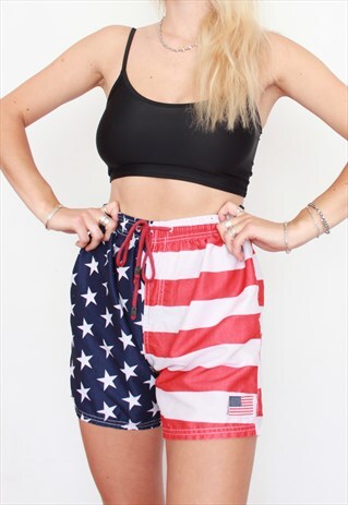 VINTAGE 90S USA AMERICAN FLAG DRAWSTRING HIGH WAISTED SHORTS