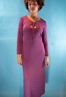 Vintage 1970s Size S Lurex Long Sleeve Maxi Dress in Purple.